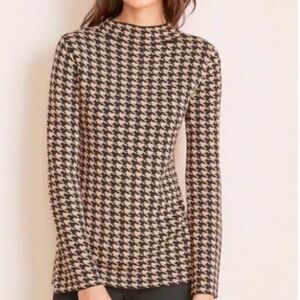 Ann Taylor Black & Tan Houndstooth Mock Neck Neutral Sweater Size Small